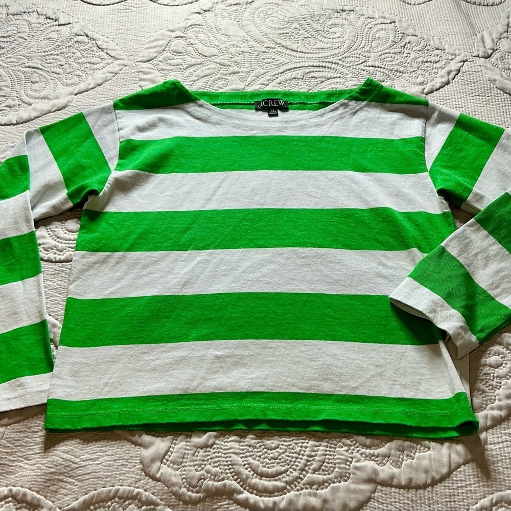 Y2k Vintage J .Crew Green and White Striped Short Sleeve Tee - Picture 1 of 5
